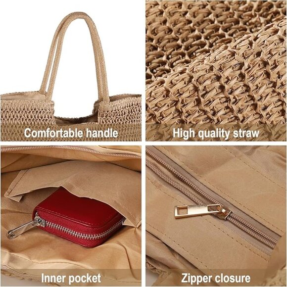 Straw Beach Bags, Women Summer Woven Tote Bag Large Boho Shoulder Handbags - Picture 3 of 6